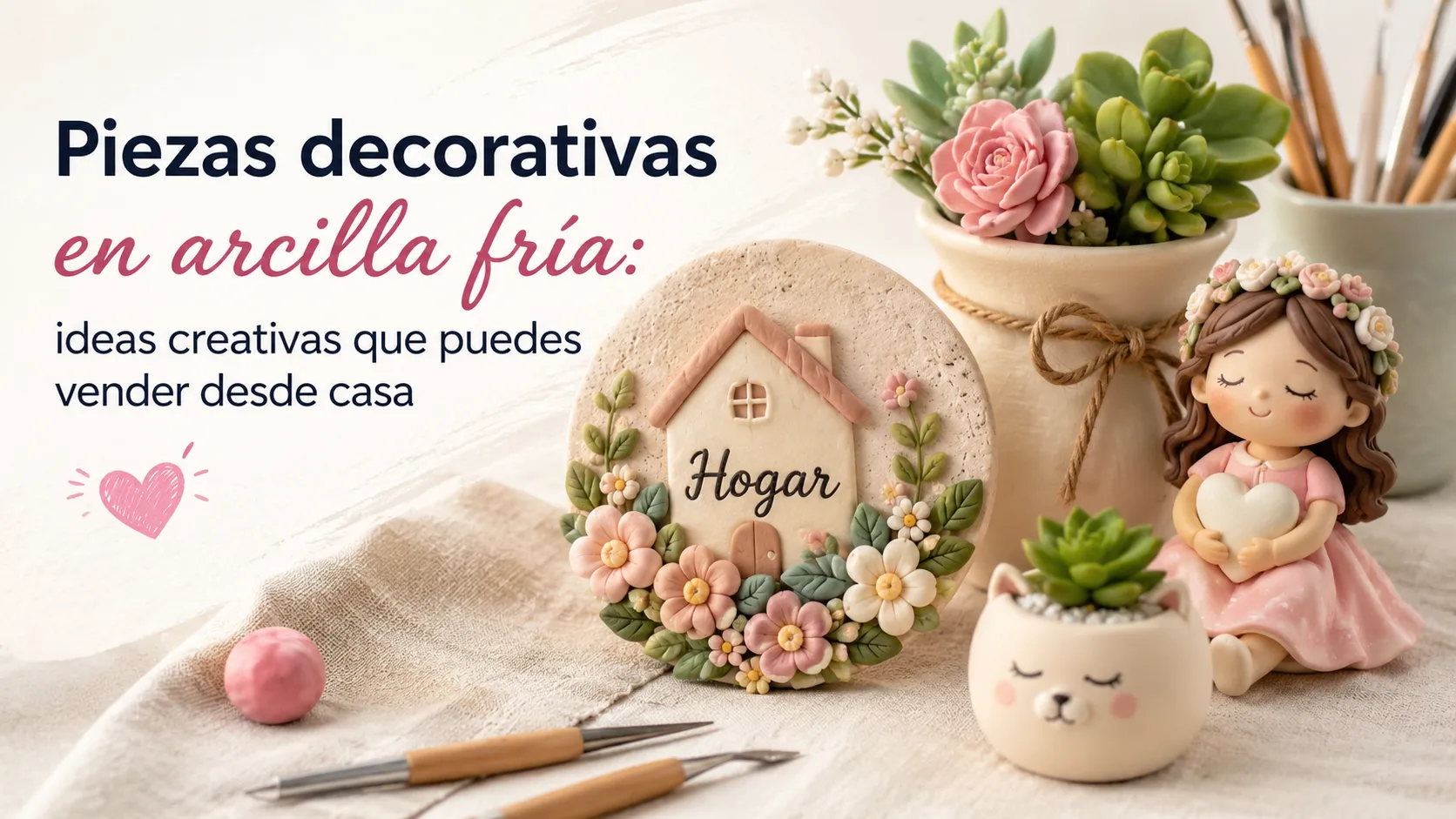 Piezas decorativas hechas en arcilla fría, como placas florales, macetas y figuras artesanales, ideales para inspirarse y crear productos para vender desde casa.