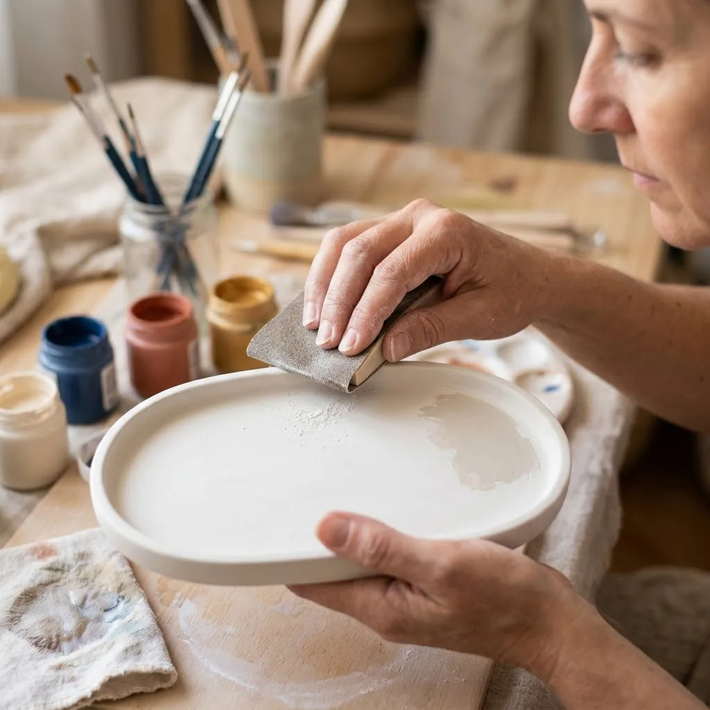 Manos artesanales lijando cuidadosamente el borde de una bandeja decorativa de arcilla fría antes de aplicar detalles con pintura acrílica.