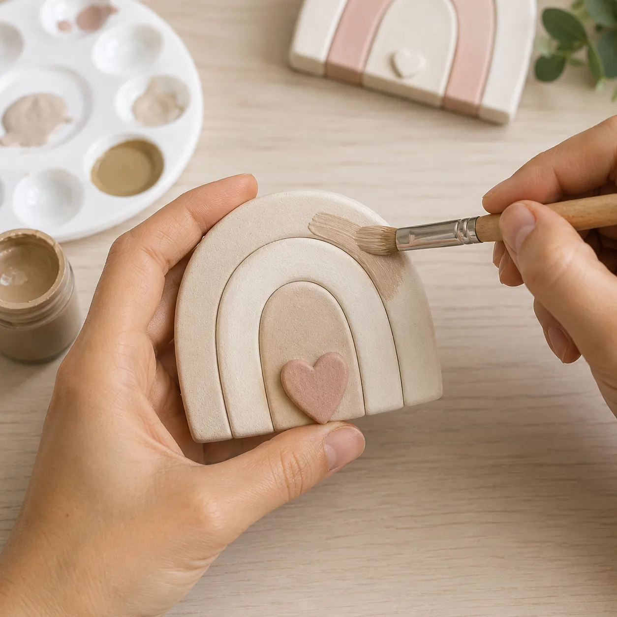 Una mano aplicando pintura acrílica neutra con un pincel suave sobre un objeto decorativo de arcilla fría completamente seco.