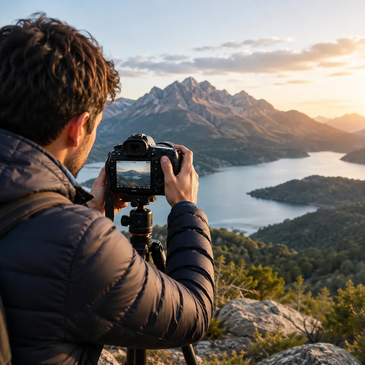 Fotógrafo ajustando el encuadre de una cámara sobre trípode enfocando un paisaje natural