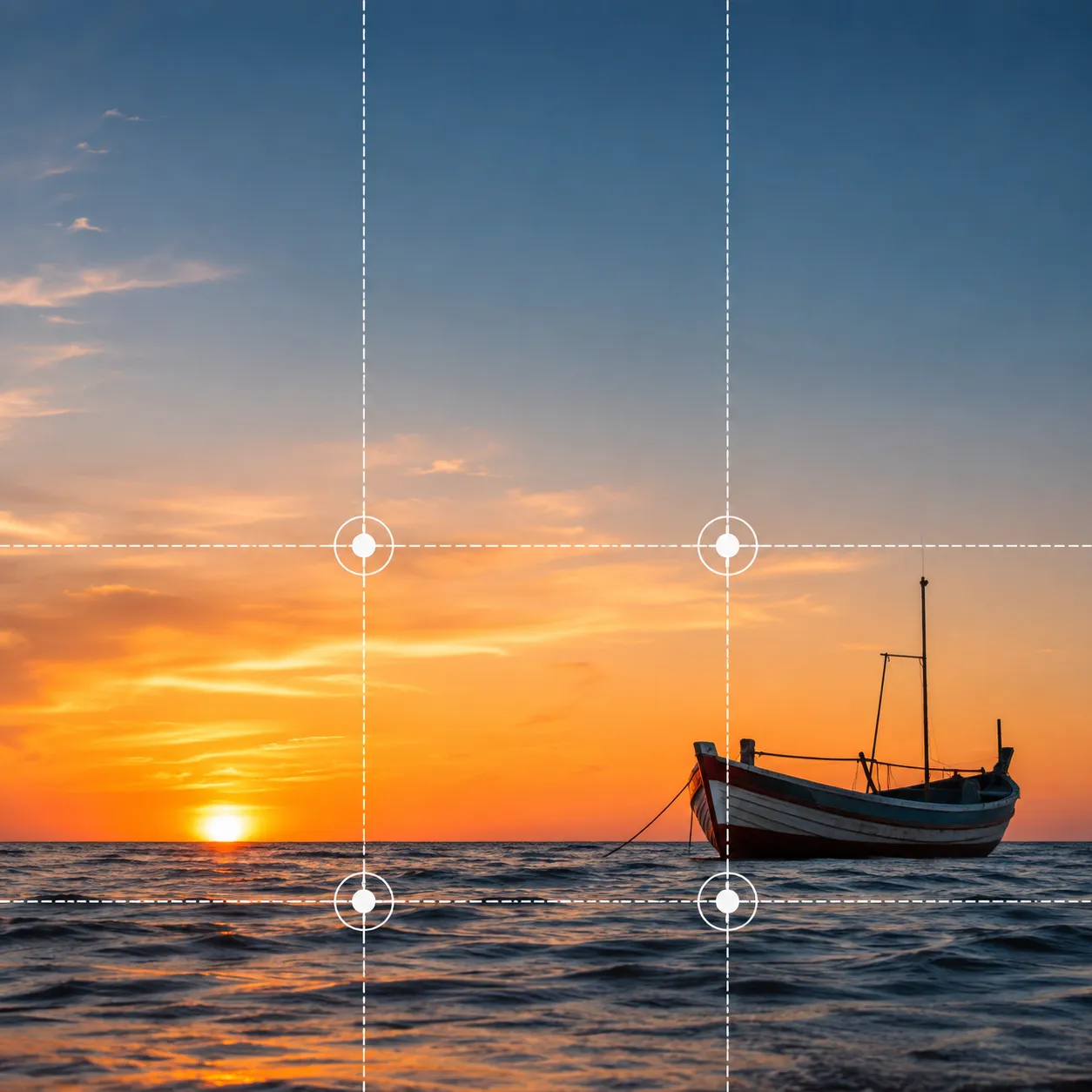 Fotografía de un paisaje marino al atardecer donde la línea del horizonte coincide exactamente con el tercio inferior y una embarcación de madera está posicionada en la intersección superior derecha.