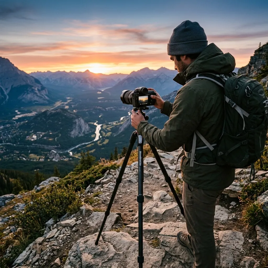 Fotógrafo ajustando la encuadre de una cámara sobre trípode frente a un paisaje natural al atardecer, vista desde atrás