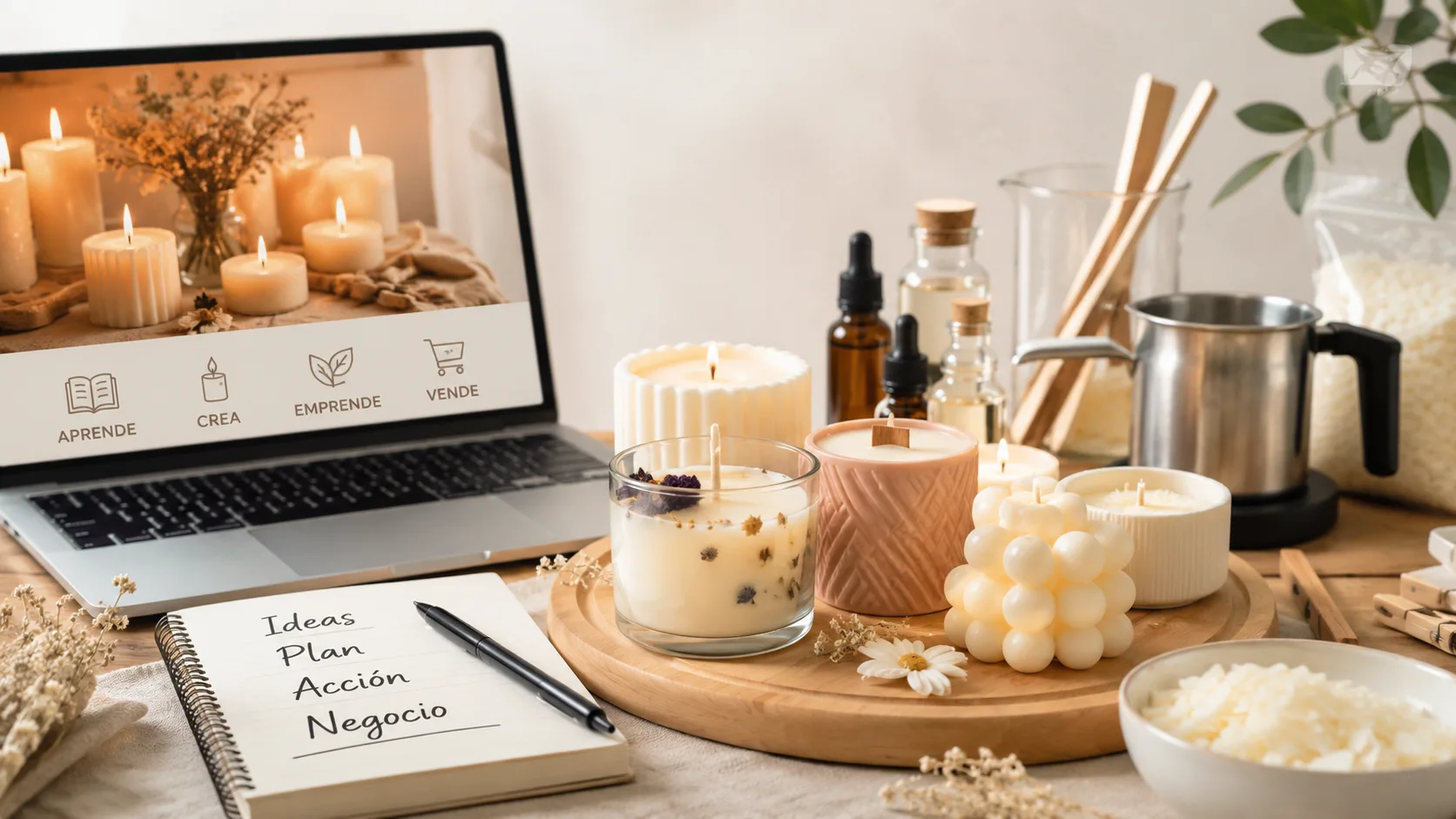 Velas artesanales decorativas y materiales para fabricar velas junto a una computadora en un espacio de trabajo orientado al emprendimiento.
