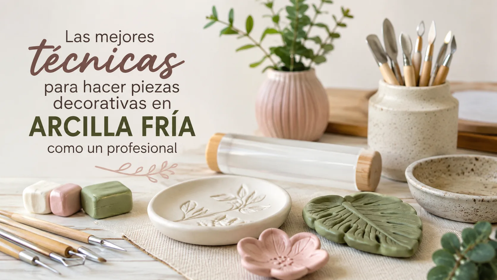 Técnicas profesionales para crear piezas decorativas en arcilla fría con herramientas de modelado, rodillo acrílico y objetos artesanales terminados sobre una mesa de trabajo.
