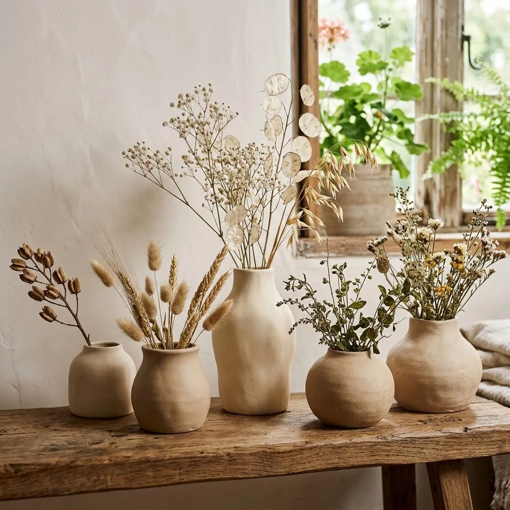 Vasijas decorativas de arcilla fría con líneas orgánicas y textura mate sosteniendo ramas de flores secas sobre una repisa de madera.