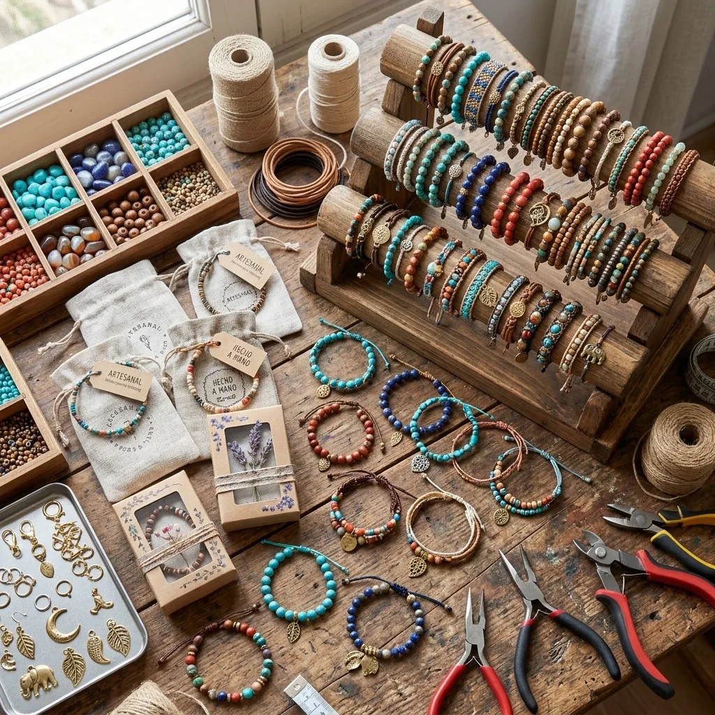Colección de pulseras artesanales terminadas organizadas junto a herramientas, materiales y empaques en una mesa de trabajo.