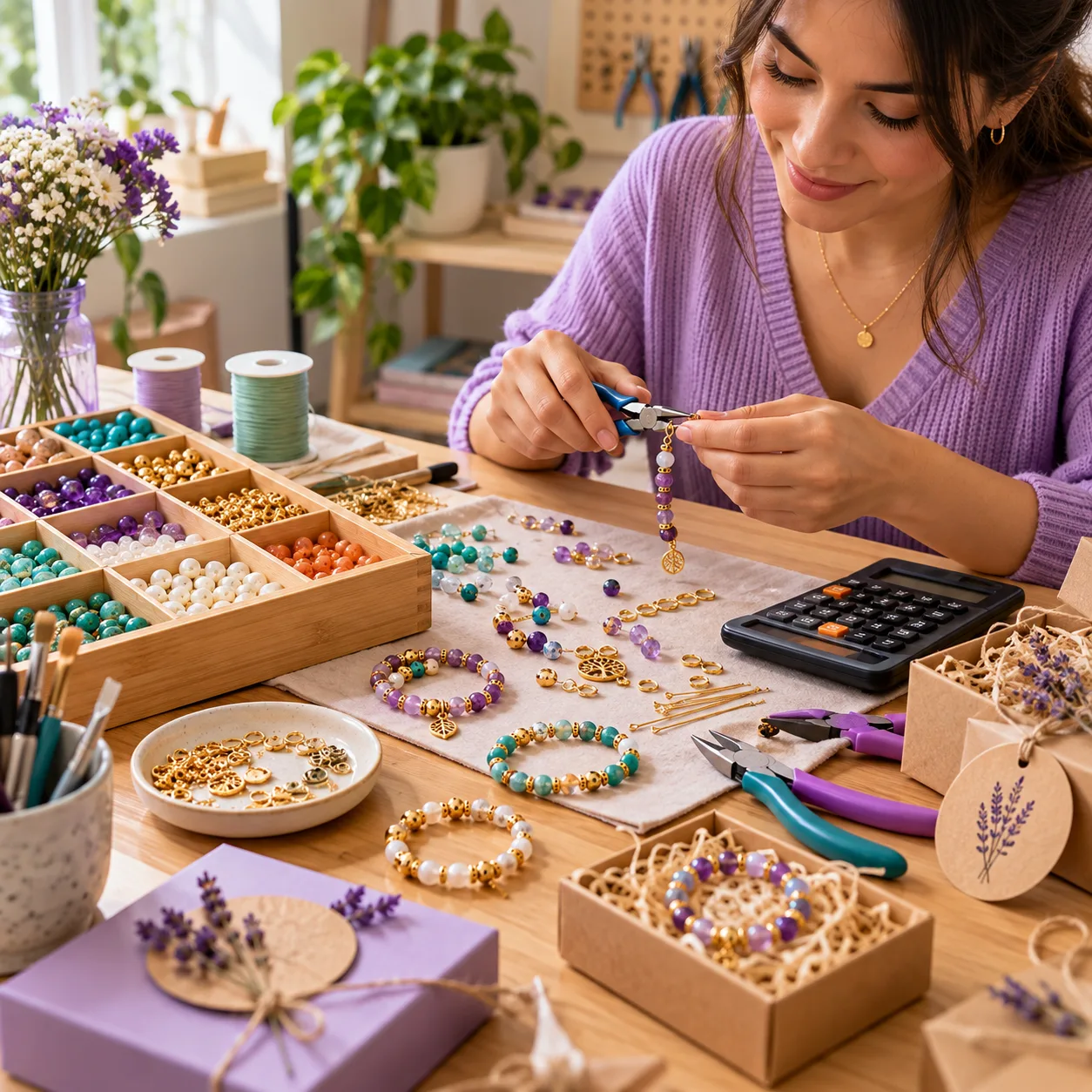 Mujer elaborando una pulsera artesanal en su mesa de trabajo.