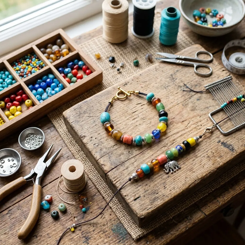 Diseño de una pulsera artesanal con cuentas de diferentes colores organizadas sobre una mesa de trabajo de bisutería.