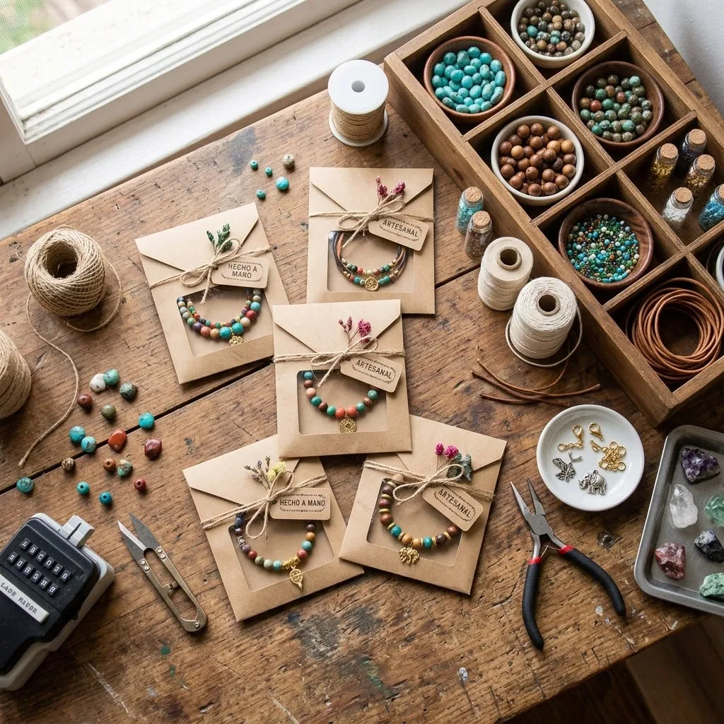 Pulseras artesanales terminadas colocadas en empaques individuales junto a materiales de bisutería sobre una mesa de trabajo.