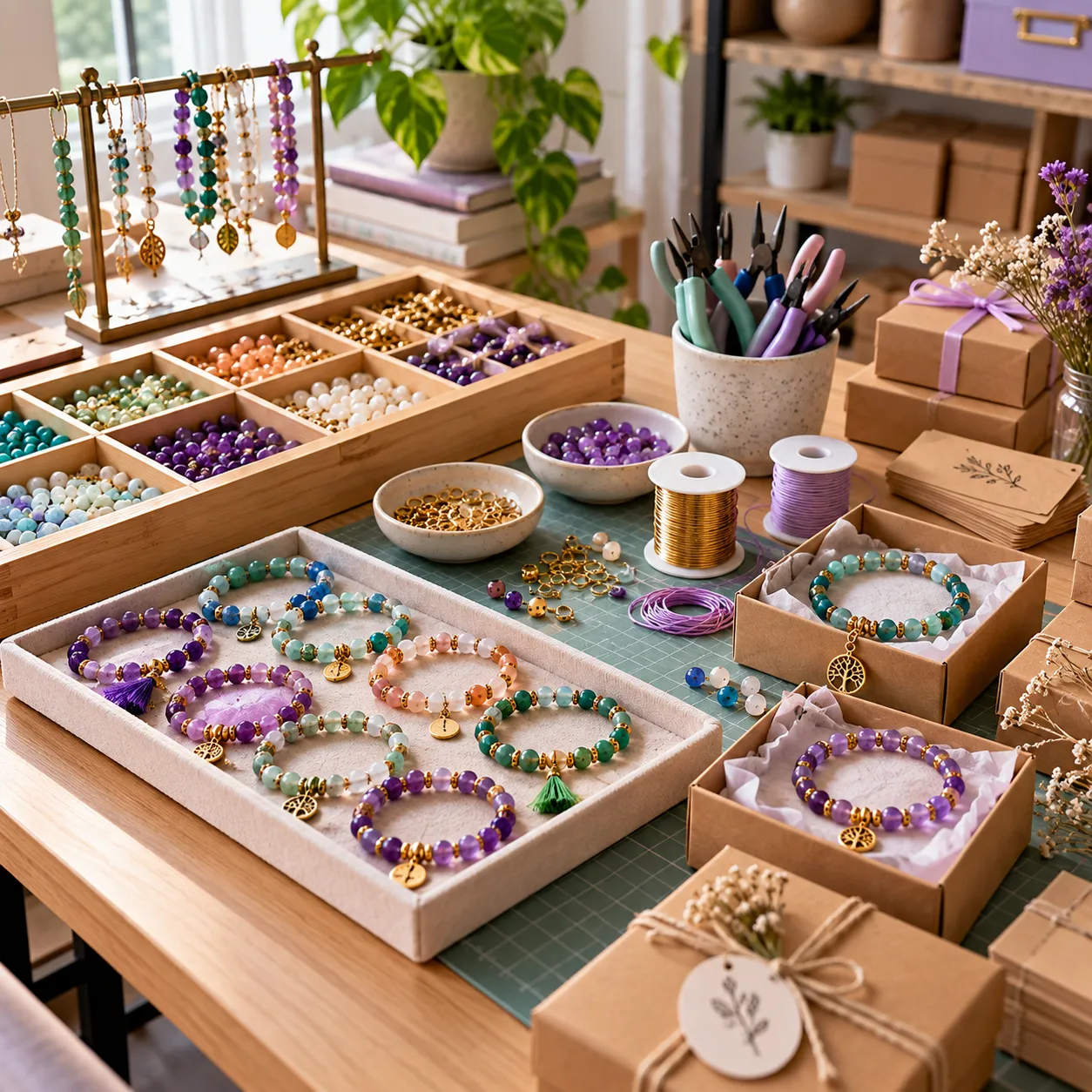 Mesa de trabajo de bisutería con pulseras artesanales, materiales, herramientas y empaques organizados.