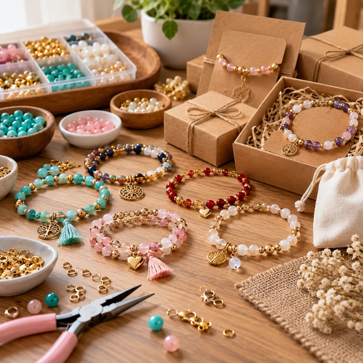 Diferentes pulseras artesanales terminadas junto a materiales y elementos de presentación sobre una mesa de trabajo.